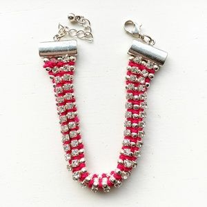 Chic red thread, diamond & silver ball bracelet